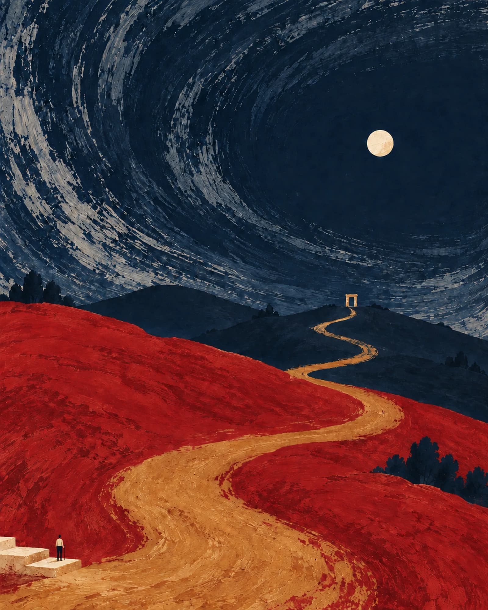 Tranh: đêm trăng, trời xoáy những vệt mây; một con đường vàng uốn qua đồi đỏ, từ bậc đá nơi một người cầm gậy đứng, lên tới cánh cổng đá trên đỉnh đồi xa.