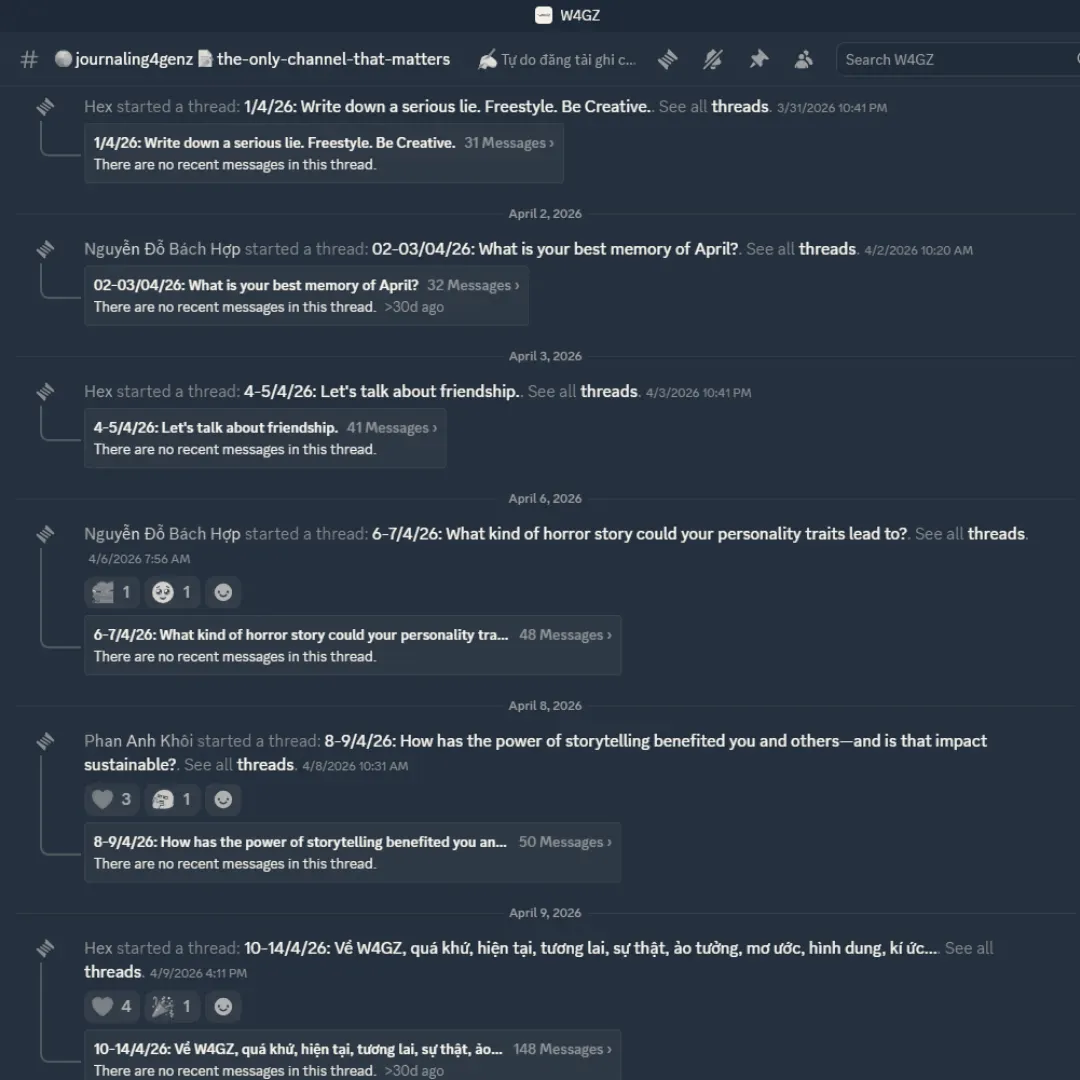 Danh sách các thread viết và journaling trên Discord W4GZ.
